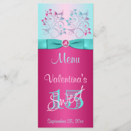TRYCKT BOW-Rosa, Aqua Blommigt Sweet 15 Menu Card Meny