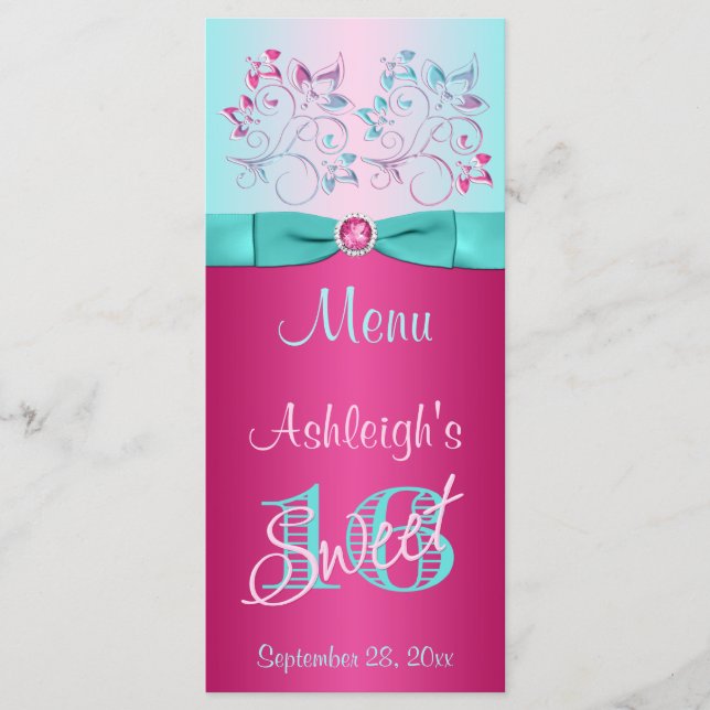 TRYCKT BOW-Rosa, Aqua Blommigt Sweet 16 Menu Card Meny (Framsida)