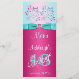 TRYCKT BOW-Rosa, Aqua Blommigt Sweet 16 Menu Card Meny