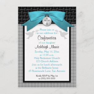 TRYCKT BOW Teal First Heliga Confirmation Inbjudan