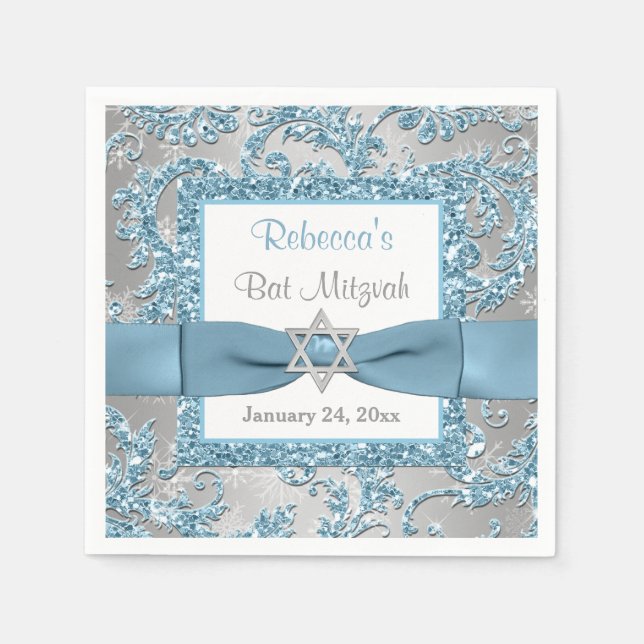 TRYCKT Bow, Vinter Wonderland Bat mitzvah Napkins Pappersservett (Framsidan)
