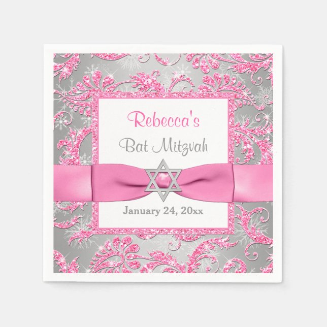 TRYCKT Bow, Vinter Wonderland Bat mitzvah Napkins Pappersservett (Framsidan)