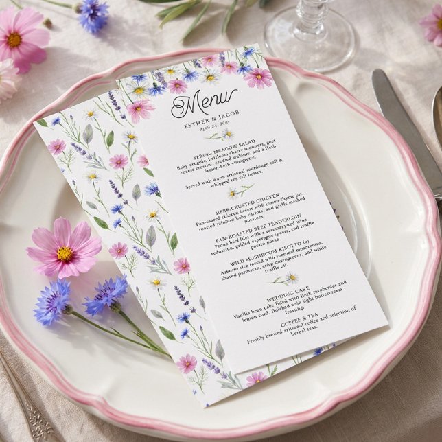 Tryckt Bröllopsmiddag med Vilda Blommor Meny (Menu - Pressed Spring Meadow Wildflower Wedding Collection by Darling & May)