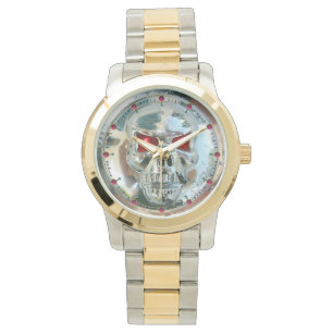 Tryckt CHROME SKULL Red Ruby Gems Armbandsur