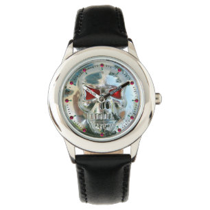 Tryckt CHROME SKULL Red Ruby Gems Armbandsur