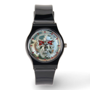 Tryckt CHROME SKULL Red Ruby Gems Armbandsur