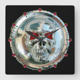 Tryckt CHROME SKULL Red Ruby Gems Fyrkantig Klocka