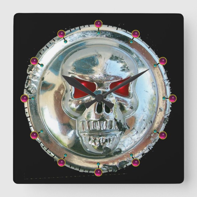 Tryckt CHROME SKULL Red Ruby Gems Fyrkantig Klocka (Framsida)