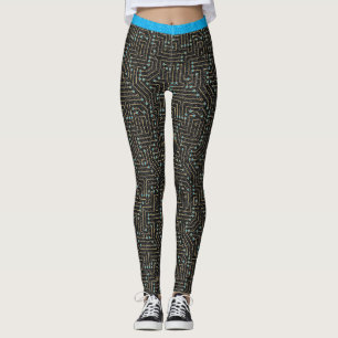 Tryckt Circuit Board Blue Guld Black Glitter Leggings