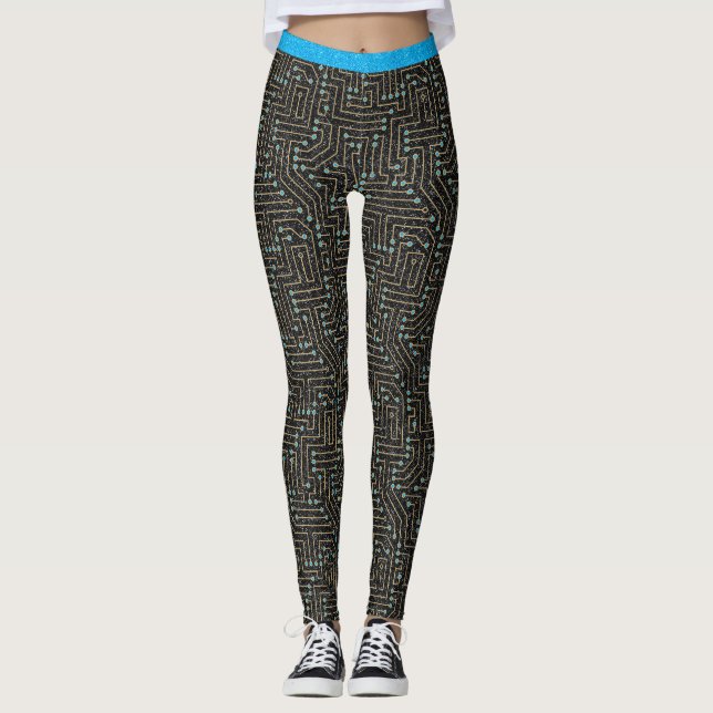 Tryckt Circuit Board Blue Guld Black Glitter Leggings (Framsida)