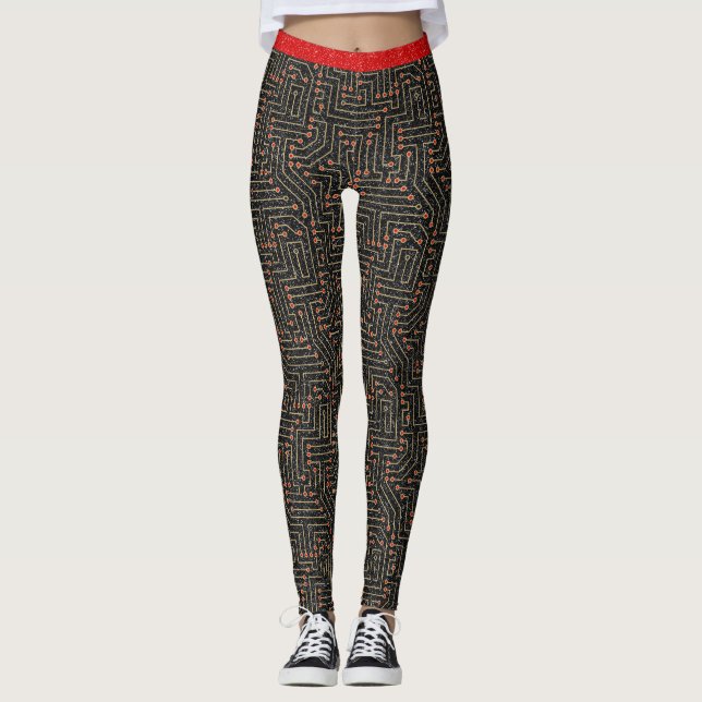 Tryckt Circuit Board Red Guld Black Glitter Leggings (Framsida)