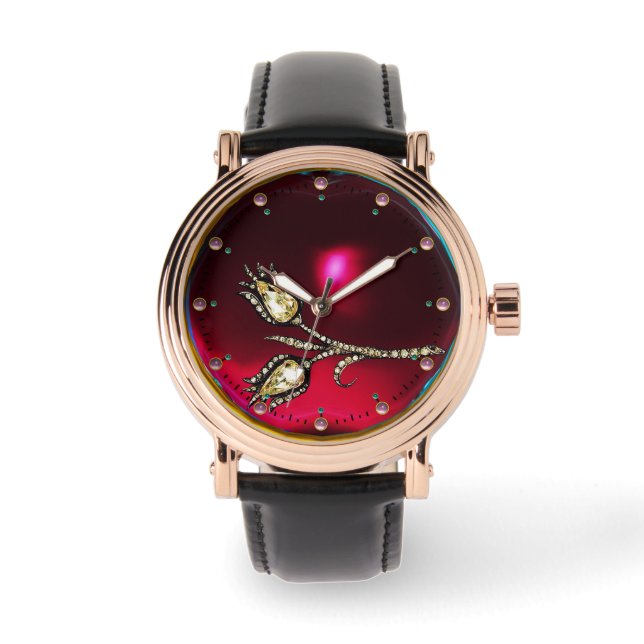 Tryckt DIAMOND TULIPS MONOGRAM ,Red Ruby Gems Armbandsur (Framsida)