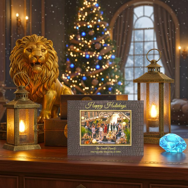 Tryckt Falsk Brun Alligatorstruktur Foto Julkort (Luxury Brown Alligator Print Frame Photo Holiday Card)