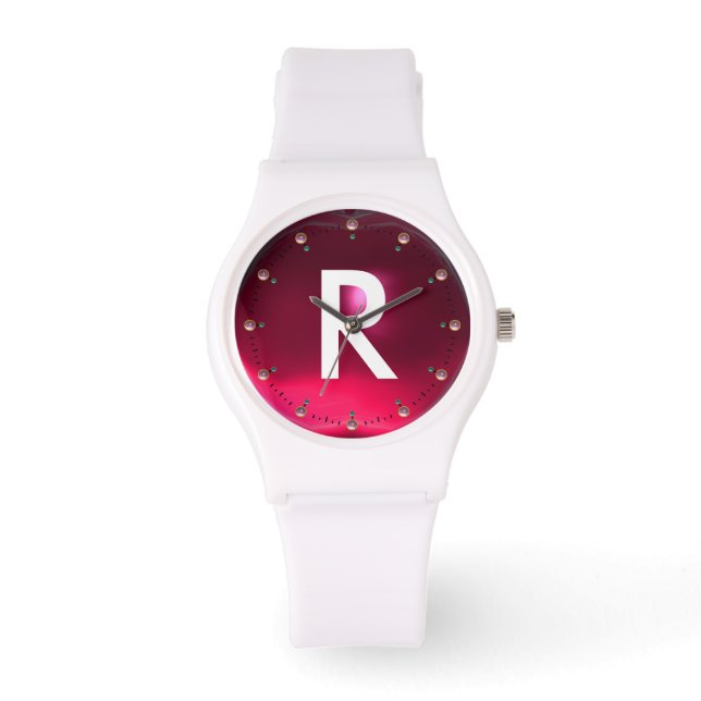 TRYCKT FUCHSIA ROSA RUBY GEMSTONE MONOGRAM ARMBANDSUR (Framsida)