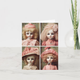 Tryckt i Rosa Creepy Vintage Dolls Collage Kort