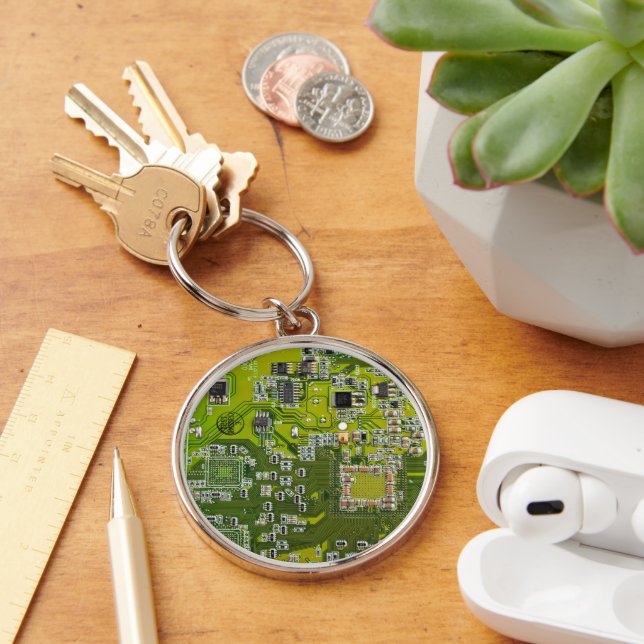 Tryckt kretskort av PCB-Grönt (kretskort 2) Rund Silverfärgad Nyckelring (Skrivbord)