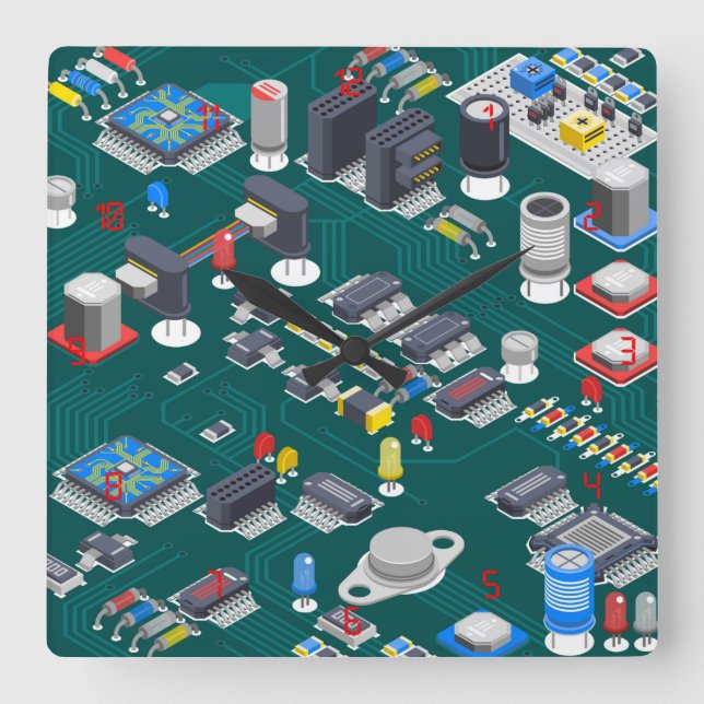 Tryckt kretskort (PCB) (Red LED) Fyrkantig Klocka (Framsida)