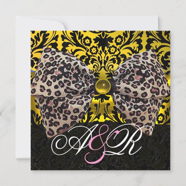 TRYCKT LEOPARD PÄLS BOW GULD BLACK DAMASK MONOGRAM INBJUDNINGAR (Framsida)
