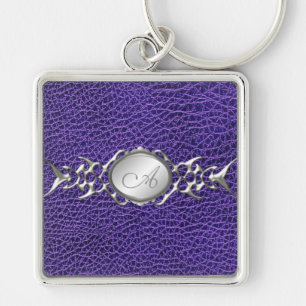 Tryckt Lila Croc and Pewter Monogram Keychain Fyrkantig Silverfärgad Nyckelring