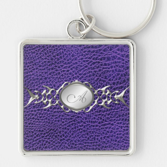 Tryckt Lila Croc and Pewter Monogram Keychain Fyrkantig Silverfärgad Nyckelring (Framsidan)