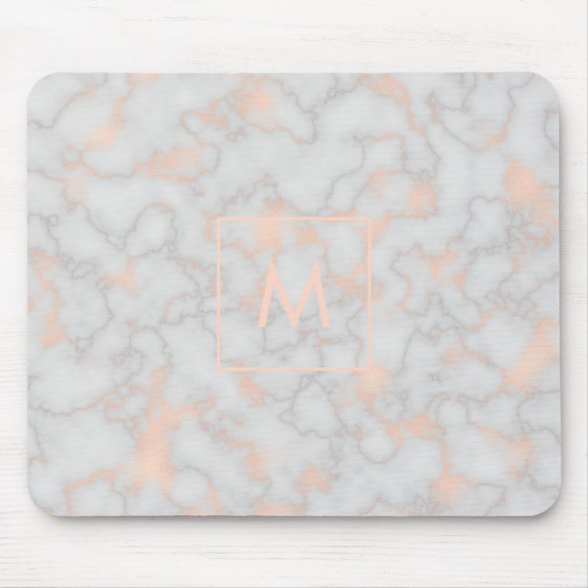 Tryckt marmor och roséguldmonogram musmatta (Framsidan)