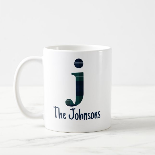 Tryckt Plaid Gemener Bokstav j Initial och Namn Kaffemugg (Vänster)