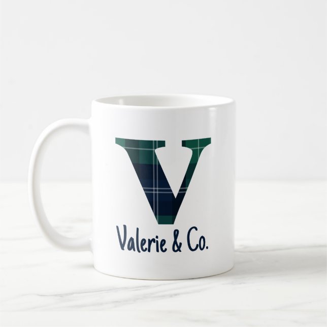 Tryckt Plaid Gemener Bokstav v Initial och Namn Kaffemugg (Vänster)