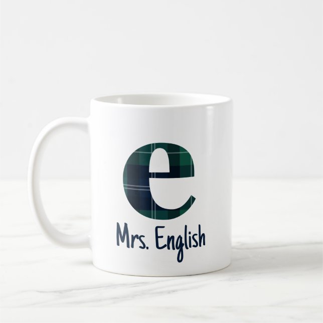 Tryckt Plaid Liten Bokstav e Initial och Namn Kaffemugg (Vänster)