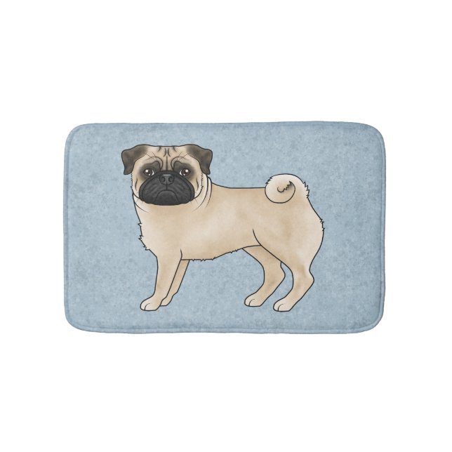Tryckt pug Mops Breed Hund Tecknad Illustration Bl Badrumsmatta (Framsidan)