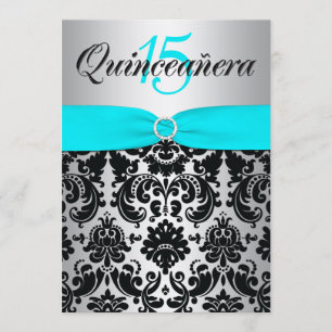 Tryckt RIBBON Aqua Silver Black Quinceanera Inbjudningar
