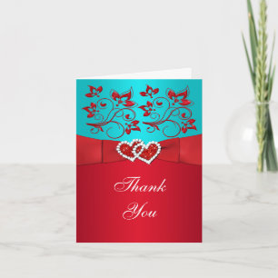Tryckt RIBBON Aqua White Red Blommigt Tack Kort