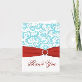 Tryckt RIBBON Aqua White Red Damask Tack Kort