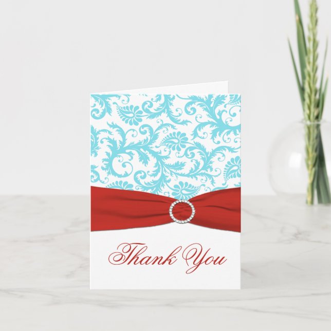 Tryckt RIBBON Aqua White Red Damask Tack Kort (Framsida)