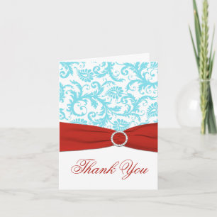 Tryckt RIBBON Aqua White Red Damask Tack Kort