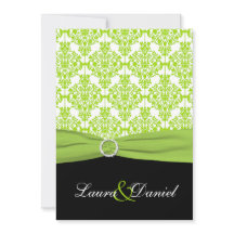 TRYCKT RIBBON Black, Grönt Damask Wedding Inbjudan