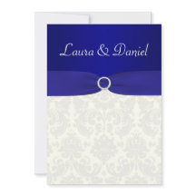 Tryckt RIBBON Blue, Ivory Damask Wedding Inbjudan