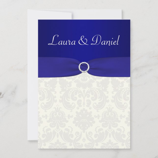 Tryckt RIBBON Blue, Ivory Damask Wedding Inbjudan (Framsida)