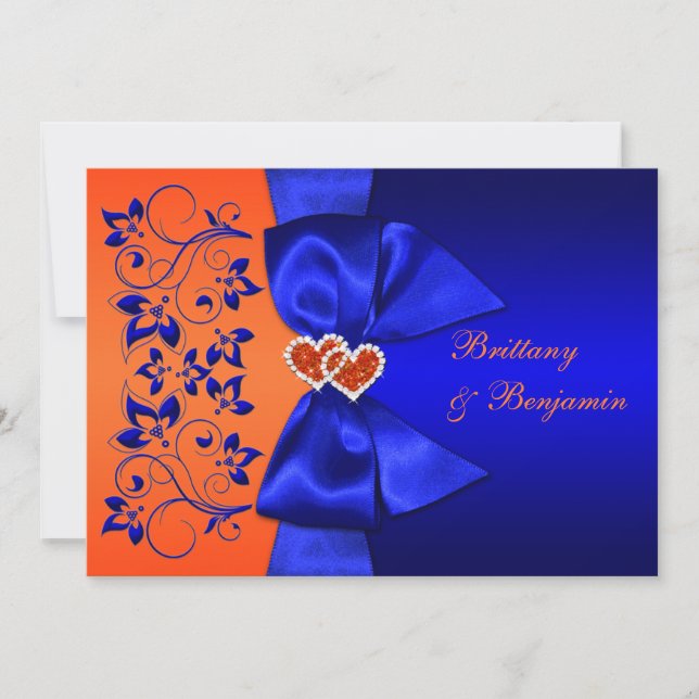 Tryckt RIBBON Blue, Orange Blommigt Bröllopsinbjud Inbjudningar (Framsida)