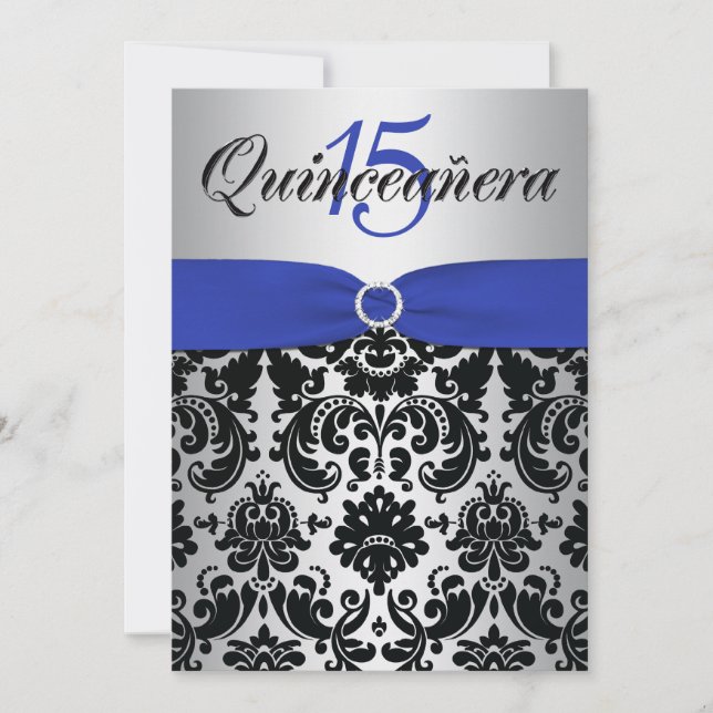 Tryckt RIBBON Blue Silver Black Quinceanera Inbjudningar (Framsida)