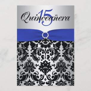 Tryckt RIBBON Blue Silver Black Quinceanera Inbjudningar