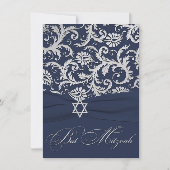 Tryckt RIBBON-flottan, Silver-Damasken Bat mitzvah Inbjudningar (Framsida)