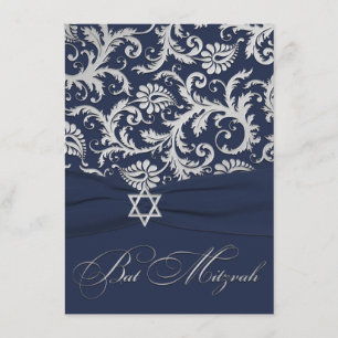 Tryckt RIBBON-flottan, Silver-Damasken Bat mitzvah Inbjudningar