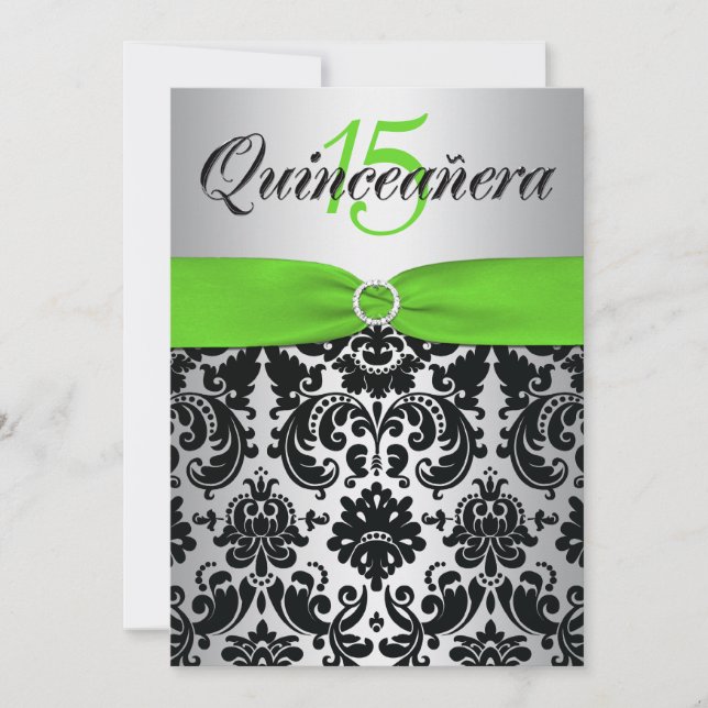 Tryckt RIBBON Grönt Silver Black Quinceanera Inbjudningar (Framsida)