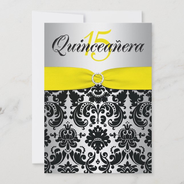 Tryckt RIBBON Gult Silver Black Quinceanera Inbjudningar (Framsida)