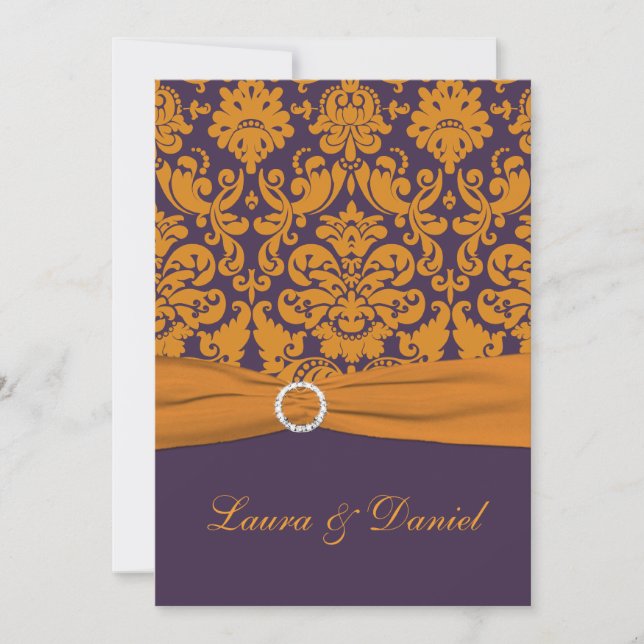 Tryckt RIBBON Lila Orange Damask Wedding Inbjudan (Framsida)