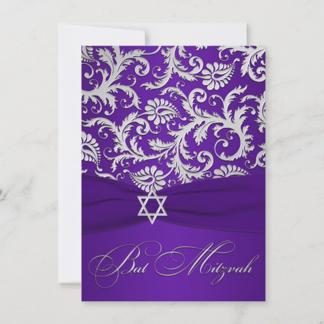 Tryckt RIBBON Lila, Silver Damask Bat mitzvah Inbjudningar (Framsida)