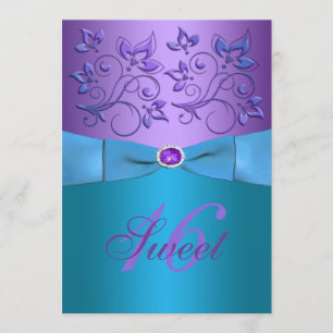 Tryckt RIBBON Lila, turkos Blommigt Sweet 16 Inbjudningar