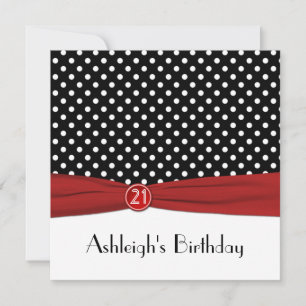 Tryckt RIBBON Red Black Polka dots 21:a födelsedag Inbjudningar