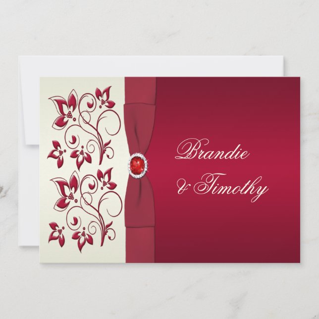 Tryckt RIBBON Red, Ivory Blommigt Bröllop Invit Inbjudningar (Framsida)