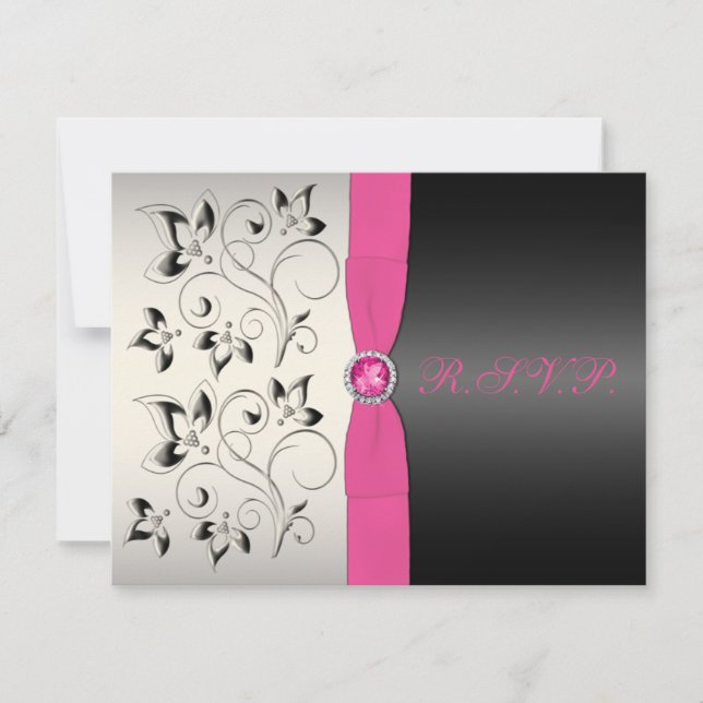 Tryckt RIBBON Rosa Black Silver Blommigt OSA kort (Framsida)
